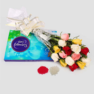 Bhaidooj Gift of 15 Mix Roses Bouquet with Cadbury Celebration Chocolate Pack