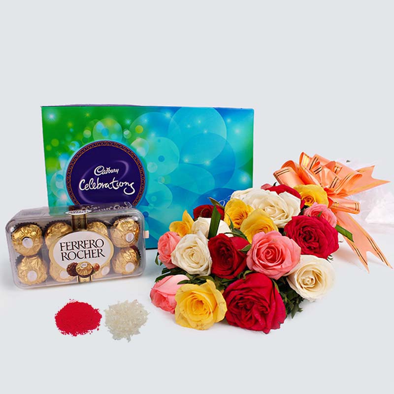 Mix Roses Bouquet with Chocolate Combo for Bhaidooj