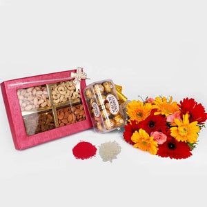 Gerberas Bouquet with Ferrero Rocher Chocolate and Dry Fruits for Bhaidooj