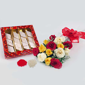 Bhaidooj Gift of Trio Color Roses Bouquet with Kaju Katli Sweets