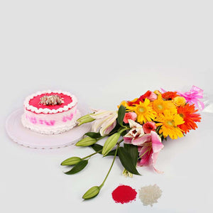 Exotic Flower Bouquet with Strawberry Cake for Brother