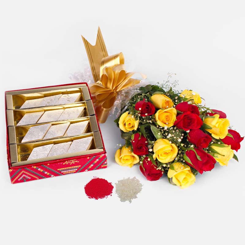 Red and Yellow Roses Bouquet with Kaju Katli Sweets For Bhaiya