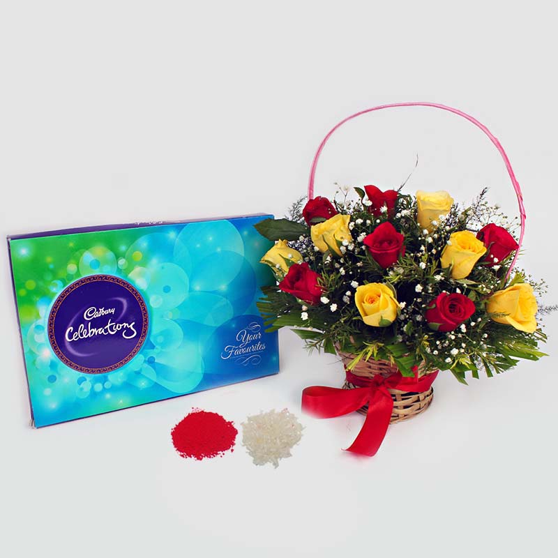 Roses Arrangement with Cadbury Celebration Chocolate Pack Bhai Dooj Combo