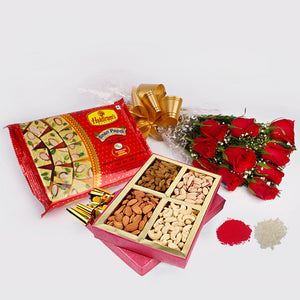 Bhai Dooj Gift for Red Roses Bouquet with Assorted Dry Fruits and Soan Papdi