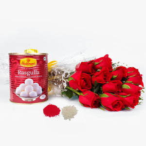 12 Red Roses Bouquet with Rasgulla Sweets for Bhau-Beej