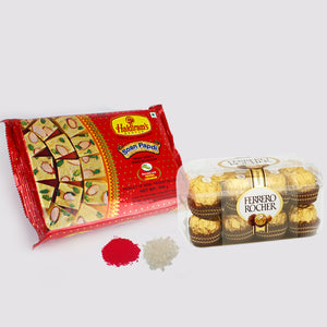 Bhai Dooj for 16 pcs of Ferrero Rocher Chocolate with Soan Papdi Sweet