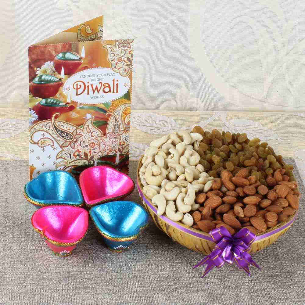Dry fruit with Earthen Diyas and Diwali Greeting Card