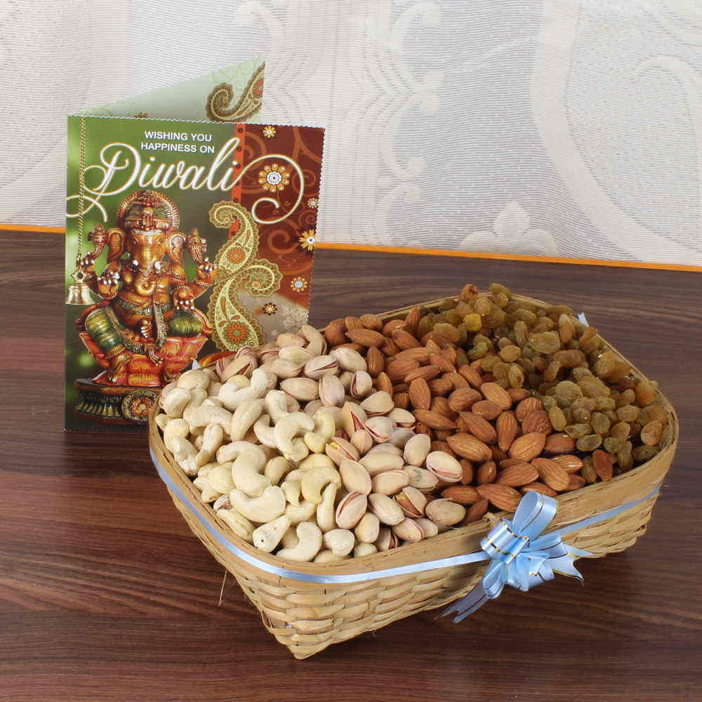 One Kg Assorted Dry fruit Basket with Diwali Greeting Card