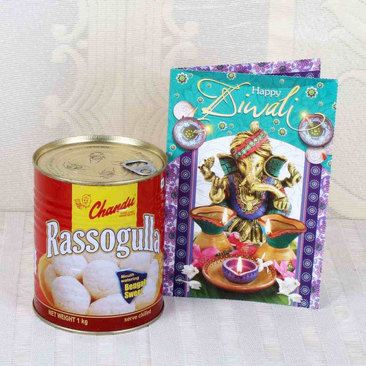 Rasgulla Sweets with Diwali Greeting Card