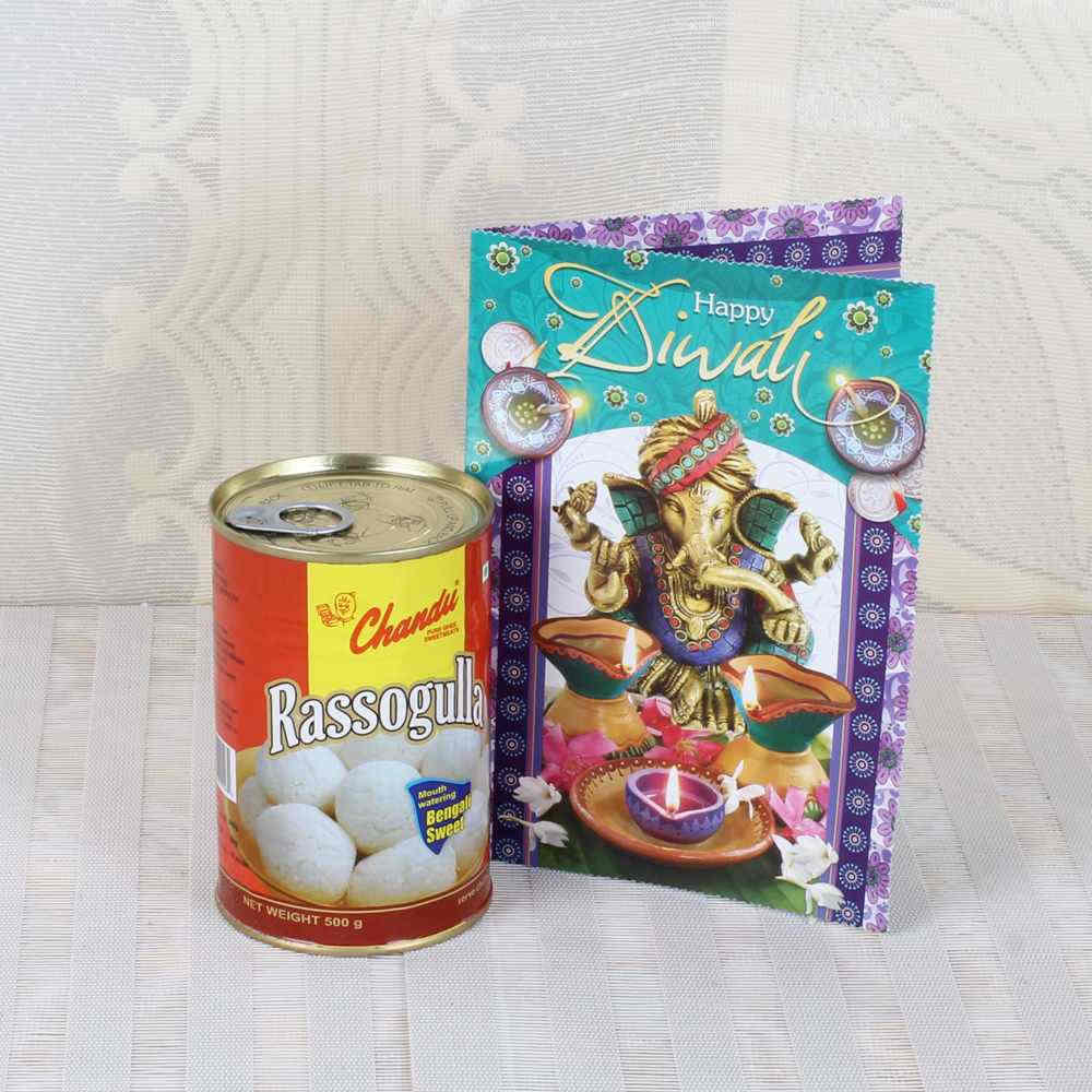 Rasgulla Sweets with Diwali Greeting Card
