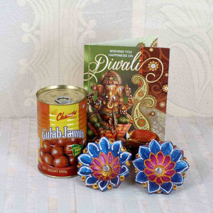 Gulab Jamun Sweets with Earthen Diyas and Diwali Greeting Card