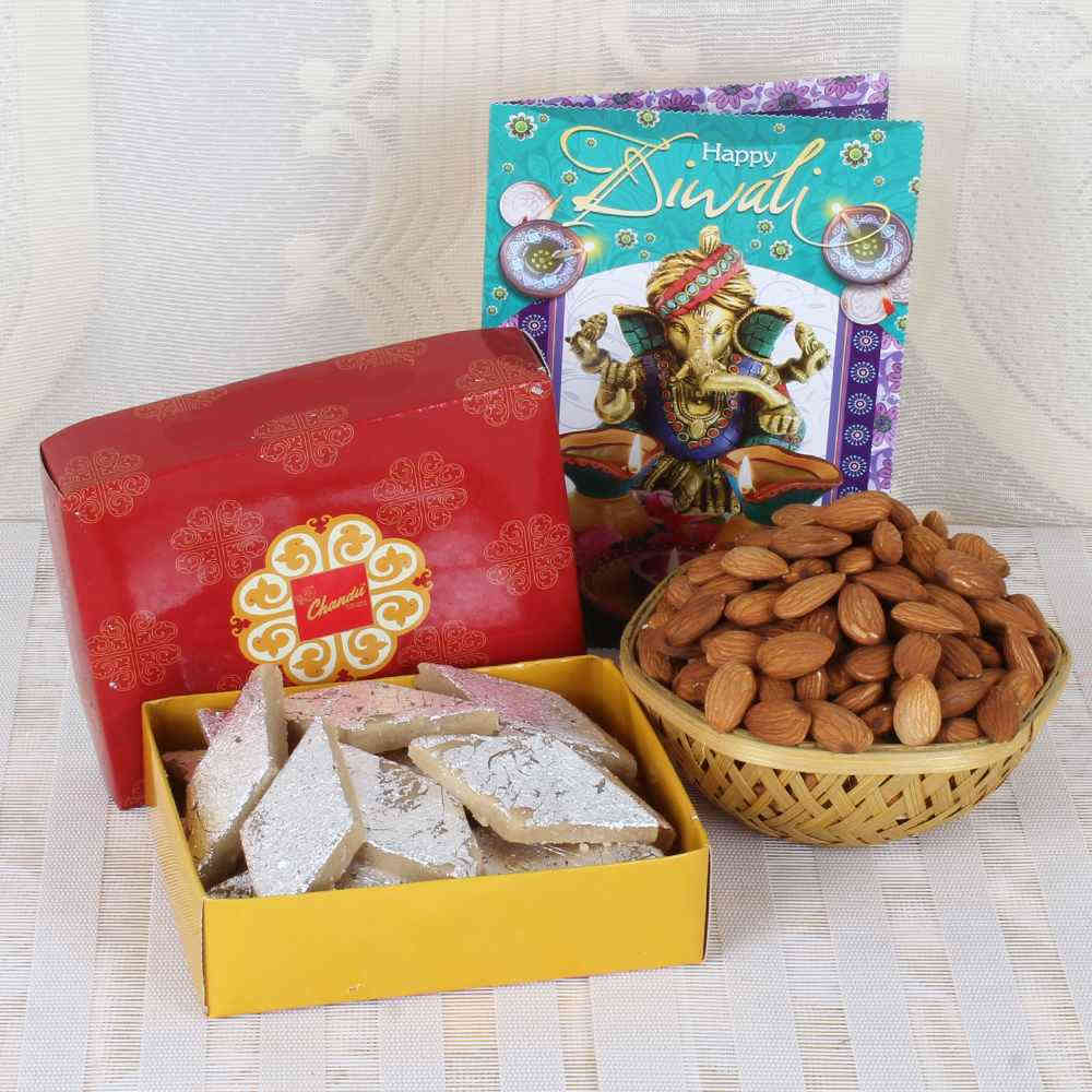Kaju Katli Box with Diwali Greeting Card and Almond Basket