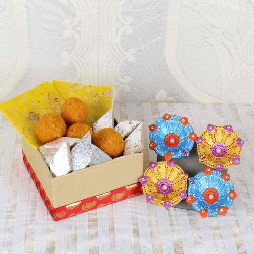 Diwali Gift of Assorted Sweets with Earthen Diyas