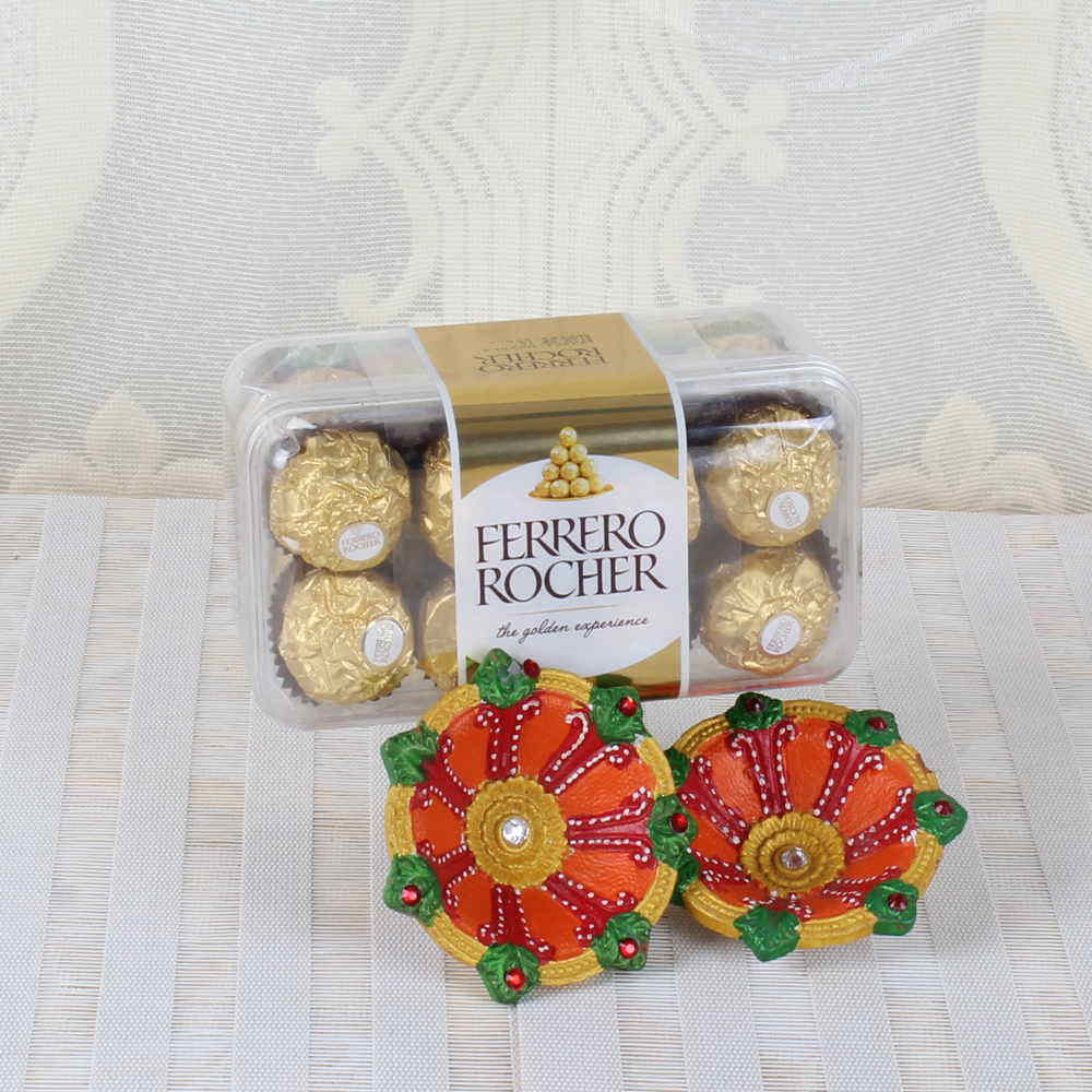 Diwali Hamper of Ferrero Rocher Chocolate with Earthen Diyas for Wife