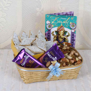 Diwali Hamper of Assorted Dry Fruit Basket with Kaju Katli Sweet and Silk Chocolate