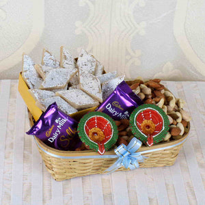 Diwali Diya Combo Including Assorted Dry fruit Basket with Kaju Katli Sweet and Silk Chocolate