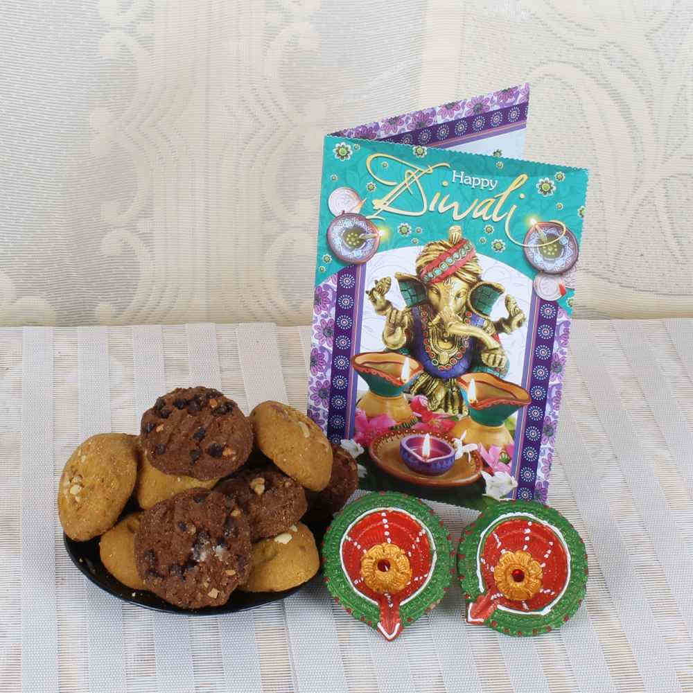 Assorted Cookies Box with Earthen Diyas and Diwali Greeting Card