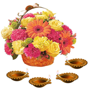 Diwali Earthen Diya with Beautiful Flowers Basket