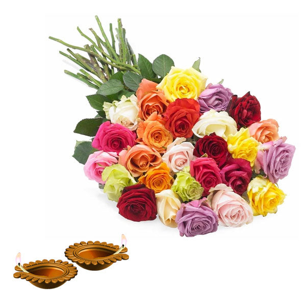 Dipawali Diya and Lovely Roses Bunch