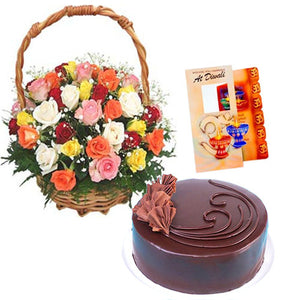 Basket of Roses with Chocolate Cake and Card