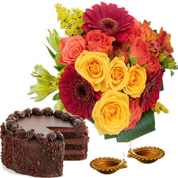 Diwali Gift Combo of Flowers and Chocolate Cake with Diya