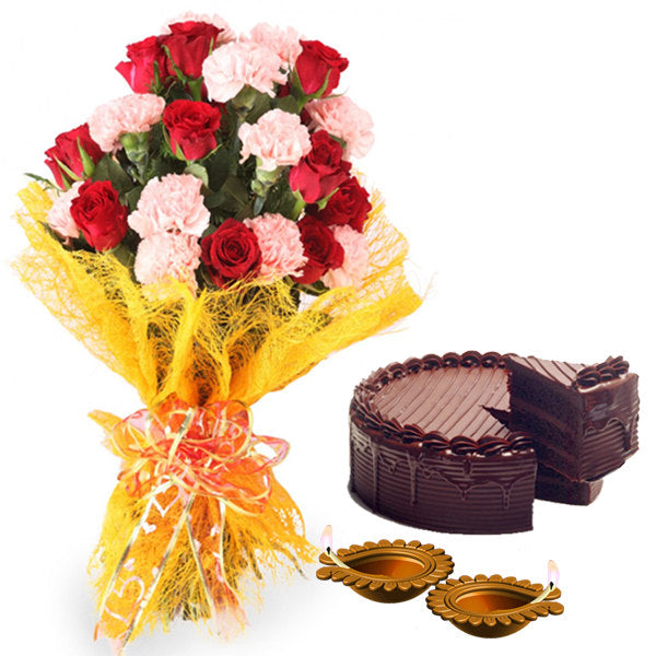 Diwali Decoratives Diya with Roses Carnations Bouquet and Cake