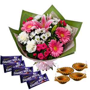 Diwali Earthen Diya and Flowers Bouquet with Dairy Milk Chocolates