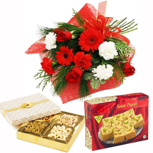 Flowers Bouquet with Soan Papdi and Dryfruits Box