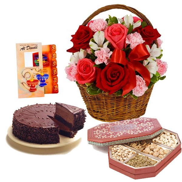 Diwali Gift of Flowers with Cake and Dry Fruits