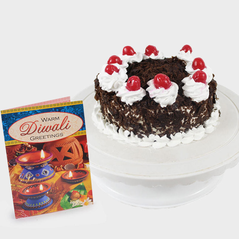 Round Black Forest Cake with Diwali Card