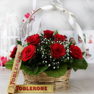 Red Roses in a Basket with Toblerone Chocolate