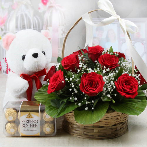 Red Roses Basket and Cute Teddy with Ferrero Rocher Box