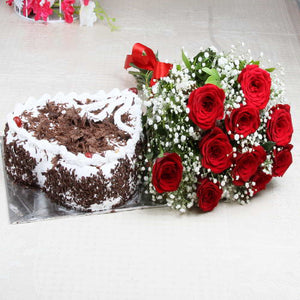 Red Roses with Heart Shape Black Forest Cake Combo