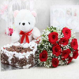 Ten Red Roses Bouquet and Black Forest Cake with Cute Teddy