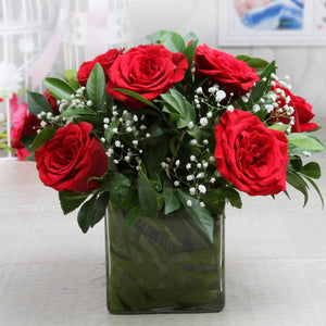 Arrangement Ten Red Roses in a Glass Vase