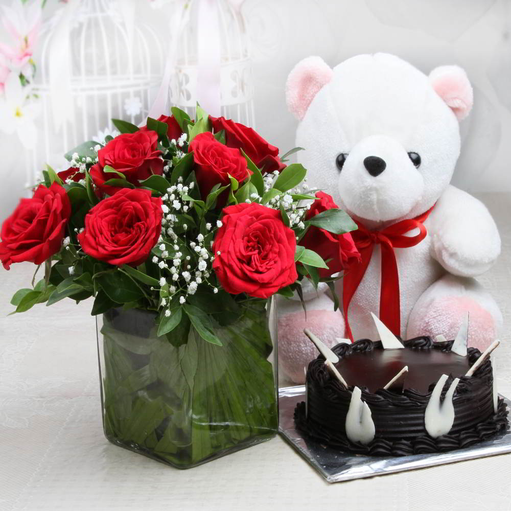 Red Roses in a Vase and Chocolate Cake with Teddy Bear