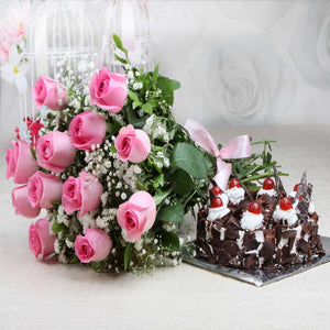 Combo of Pink Roses with Half Kg Black Forest Cake