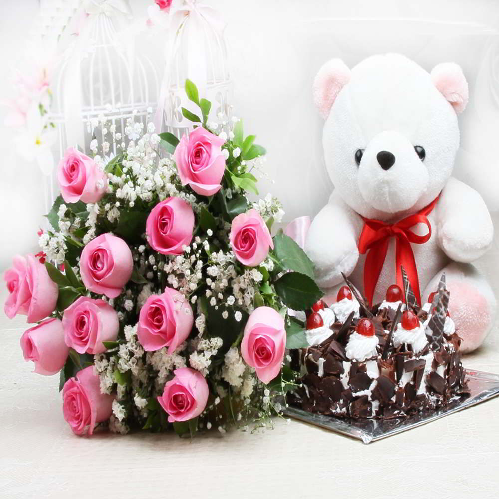 Bouquet of Pink Roses and Black Forest Cake with Cute Teddy
