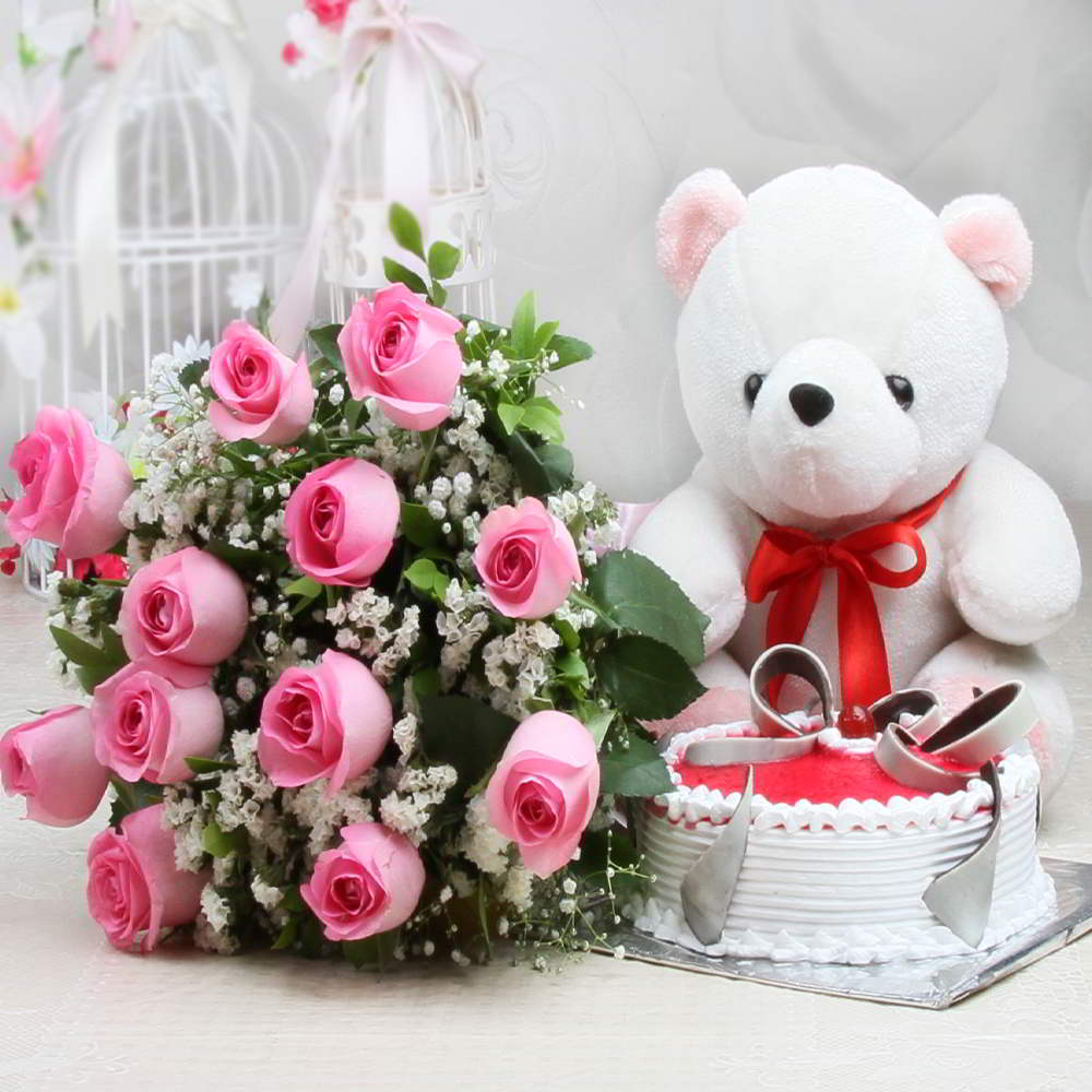 Twelve Pink Roses and Strawberry Cake with Cute Teddy