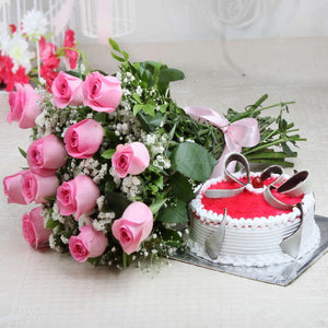 Hamper of Pink Roses with Half kg Strawberry Cake