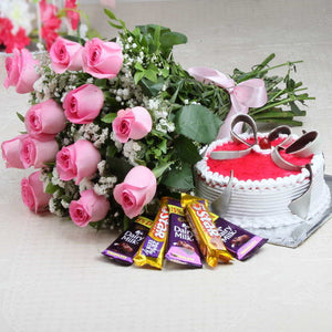 Pink Roses and Strawberry Cake with Chocolates