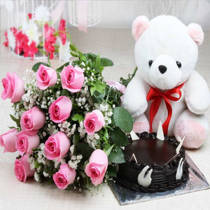Bouquet of Pink Roses and Cute Teddy with Chocolate Cake