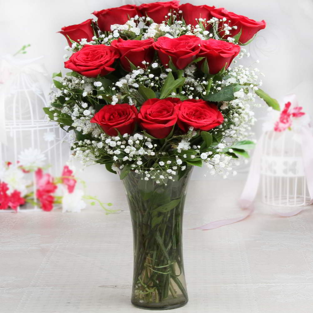 Twelve Romantic Red Roses in a Vase