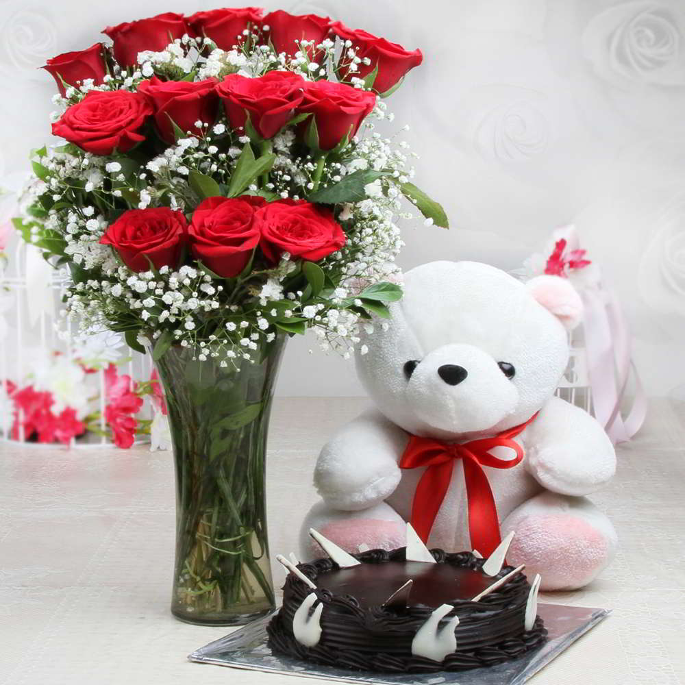 Combo of Red Roses and Teddy Bear with Chocolate Cake