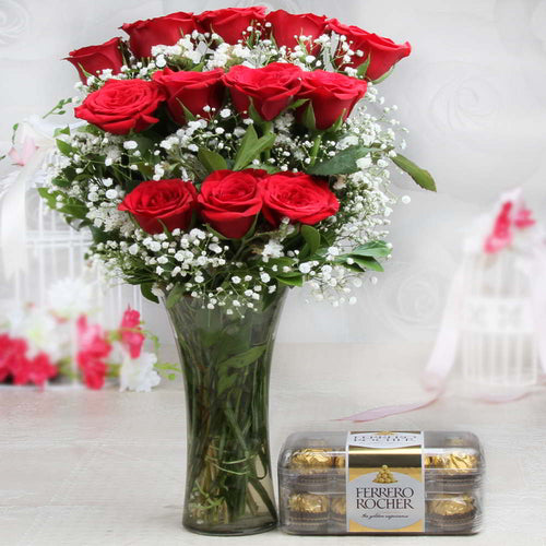Red Roses Glass Vase with Ferrero Rocher Chocolate Box