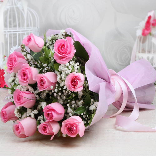 Tissue Wrapped 12 Pink Roses