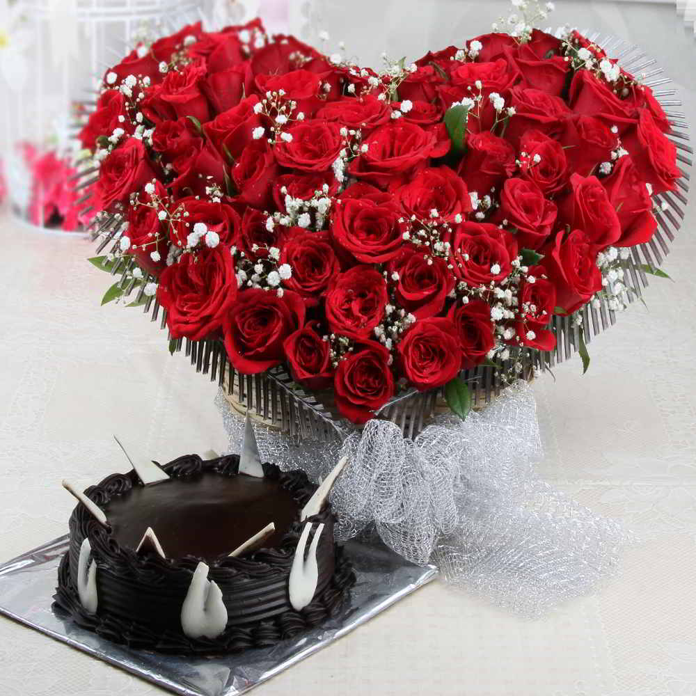 Fifty Red Roses Heart Shaped Basket with Chocolate Cake