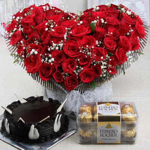 Roses Heart Shape Arrangement and Cake with Rocher Chocolates