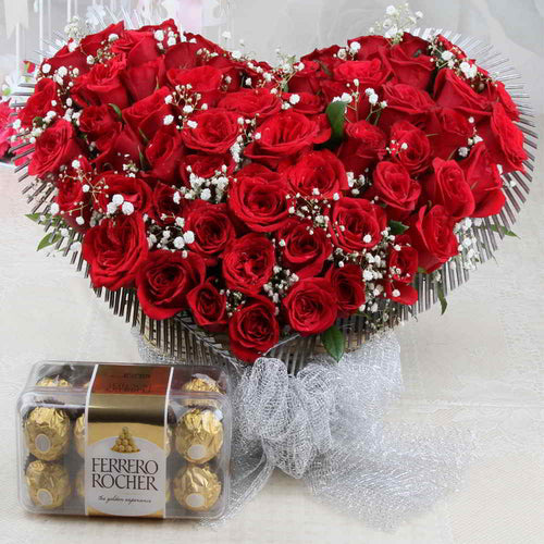 Heart Shape Arrangement of Red Rose with Ferrero Rocher Chocolate