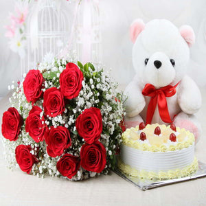 Pineapple Cake and Red Red Roses with Teddy